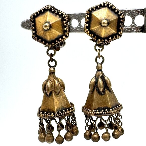 Ethnic Vintage Earrings Gold-Toned Traditional Clip-On Dangling Bells - Picture 1 of 9